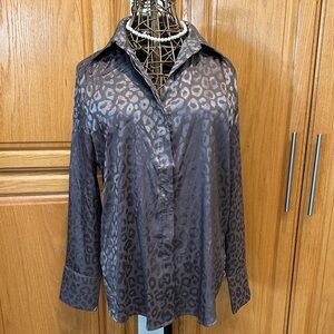 Acona Size Medium Leopard Print Satin work blouse. Hidden buttons. Long sleeve